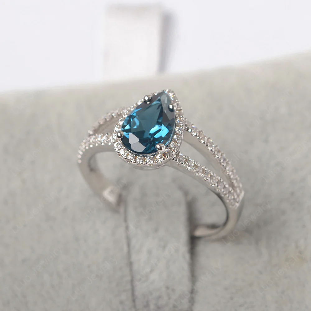 Pear Shaped London Blue Topaz Halo Split Shank Ring - Image 2