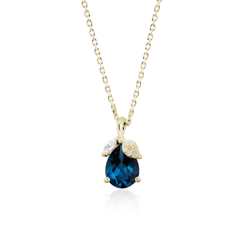 Pear Shaped London Blue Topaz Leaf Pendant Necklace - Image 4
