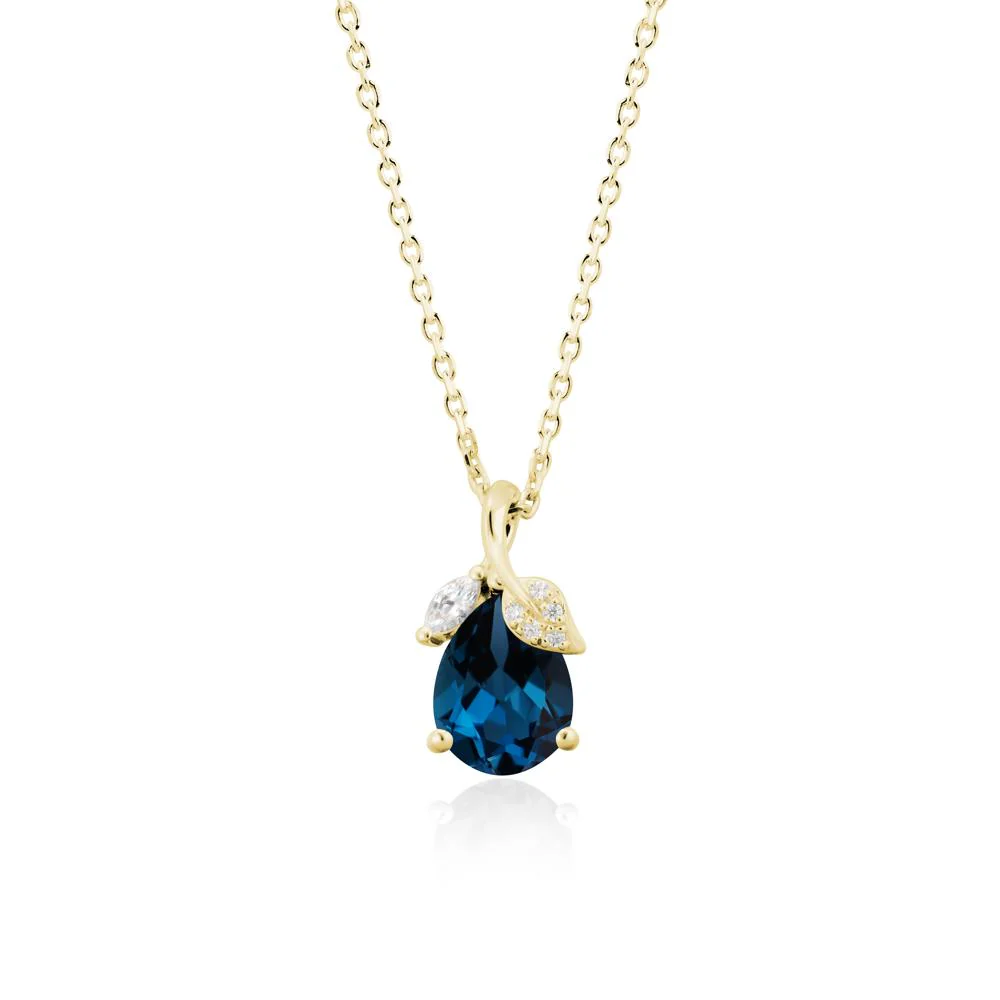 Pear Shaped London Blue Topaz Leaf Pendant Necklace - Image 7