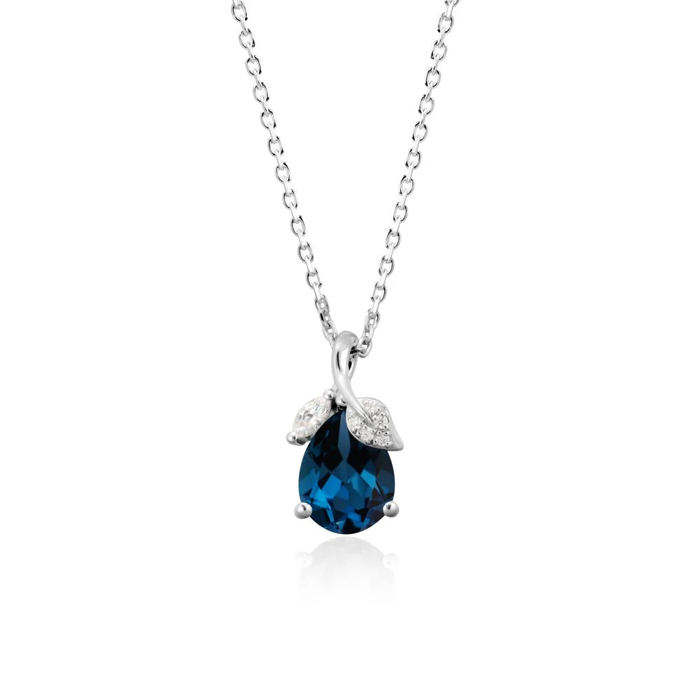 Pear Shaped London Blue Topaz Leaf Pendant Necklace - Image 9