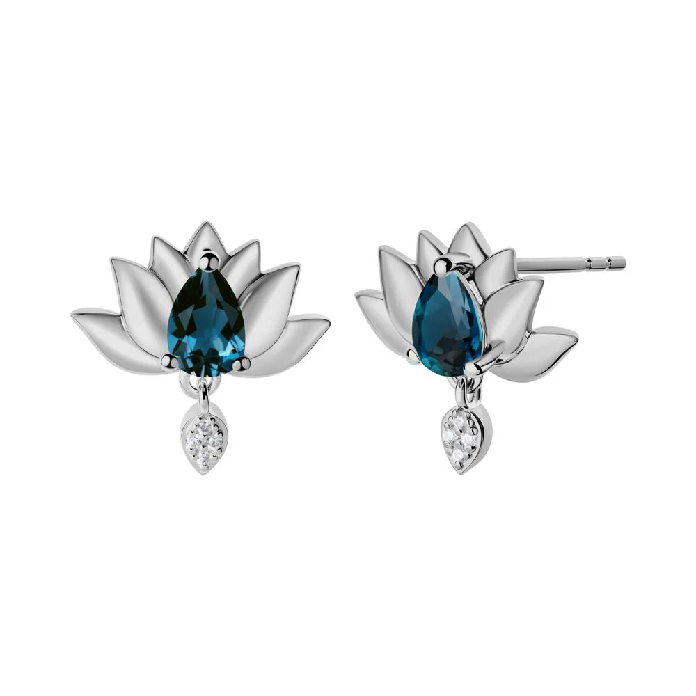 Pear Shaped London Blue Topaz Lotus Flower Earrings - Image 3