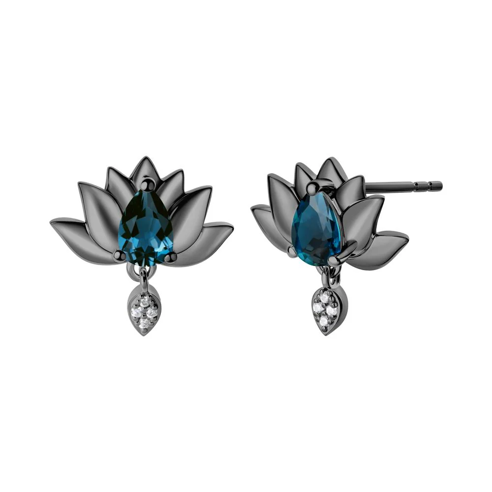 Pear Shaped London Blue Topaz Lotus Flower Earrings - Image 4