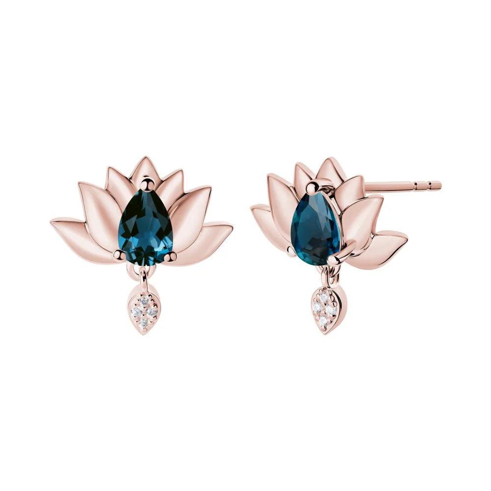 Pear Shaped London Blue Topaz Lotus Flower Earrings - Image 7