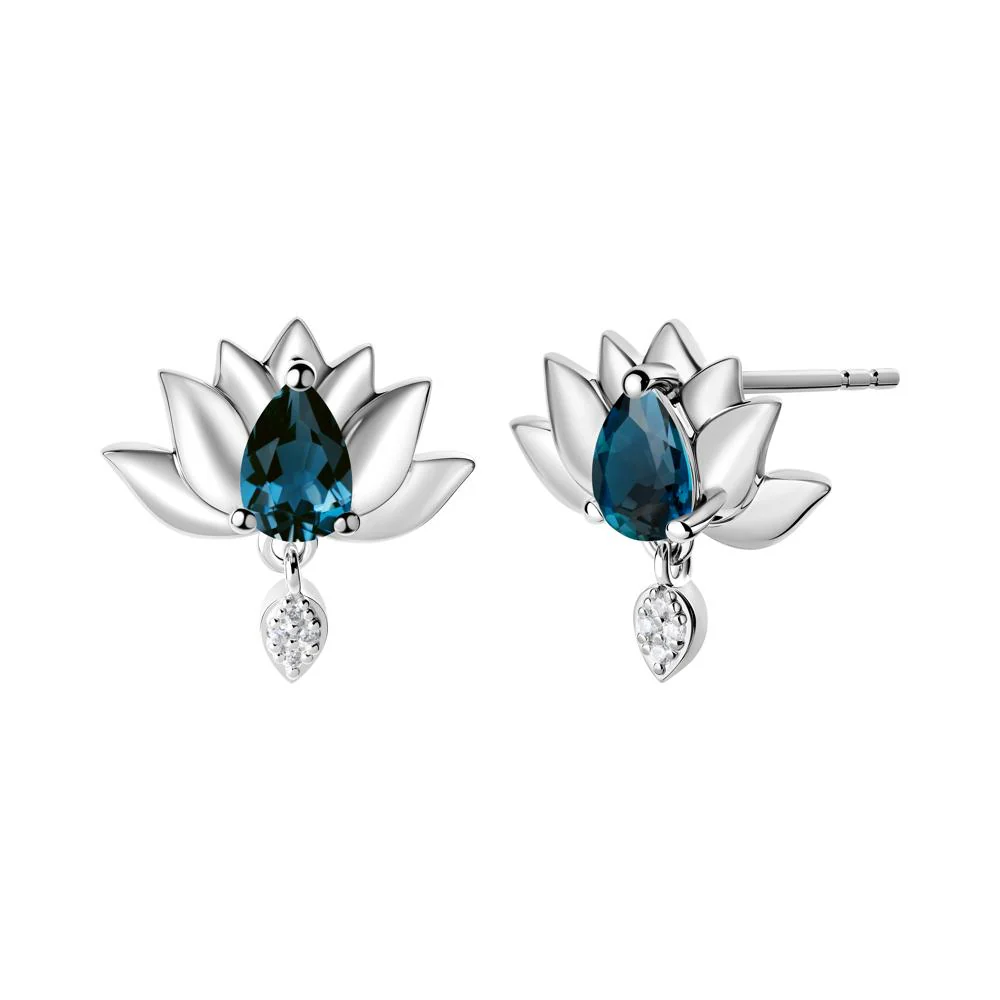 Pear Shaped London Blue Topaz Lotus Flower Earrings - Image 8