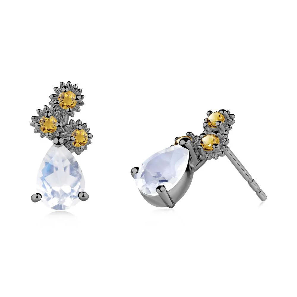 Pear Shaped Moonstone and Citrine Sunflower Stud Earrings - Image 2