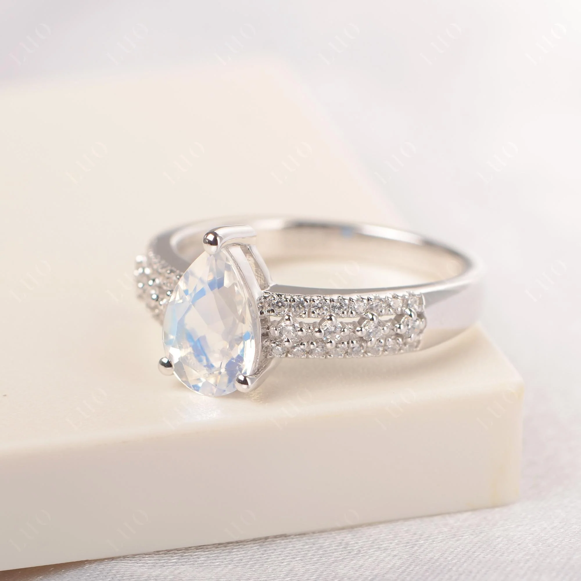 Moonstone 3 Rows Pave Engagement Ring - Image 2