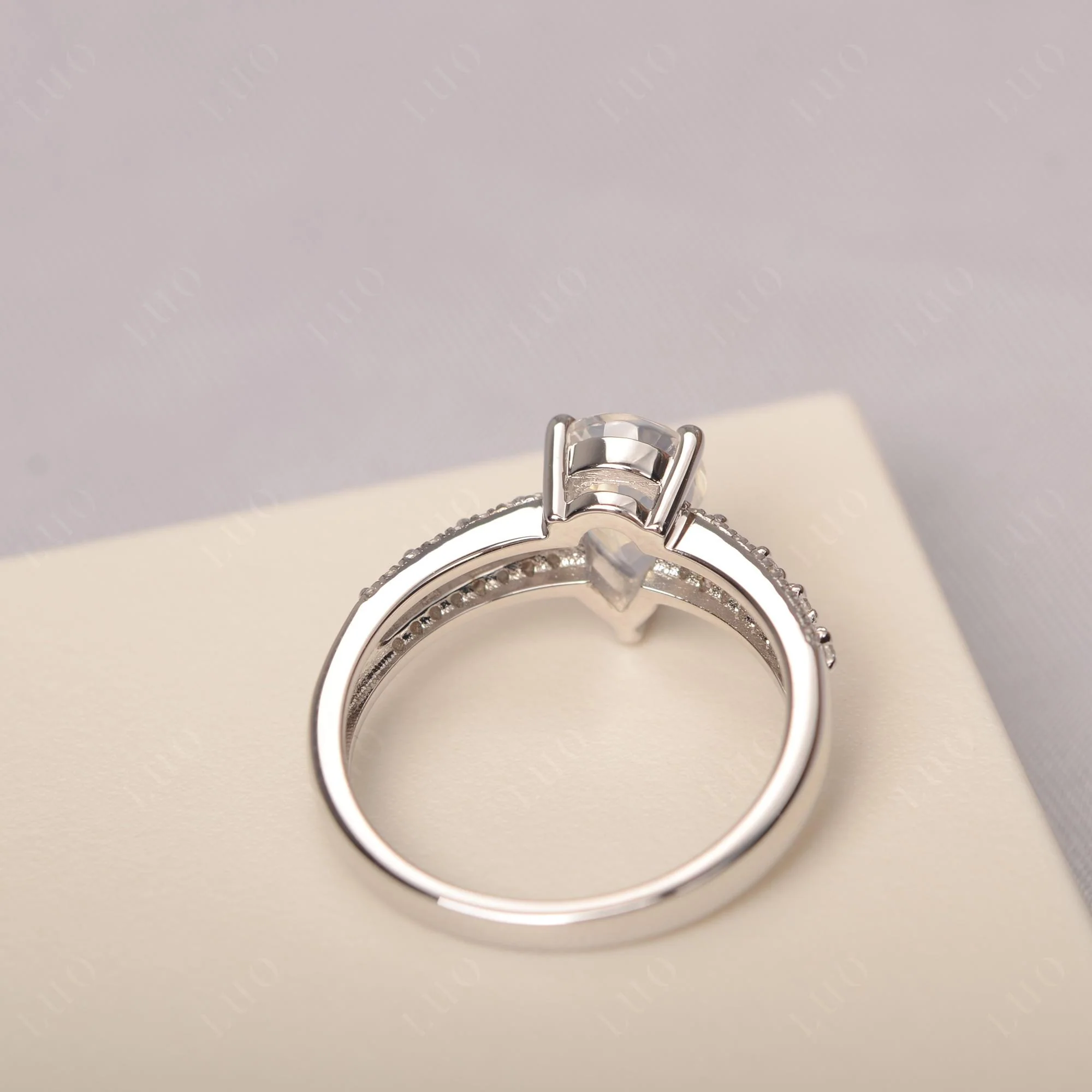 Moonstone 3 Rows Pave Engagement Ring - Image 3