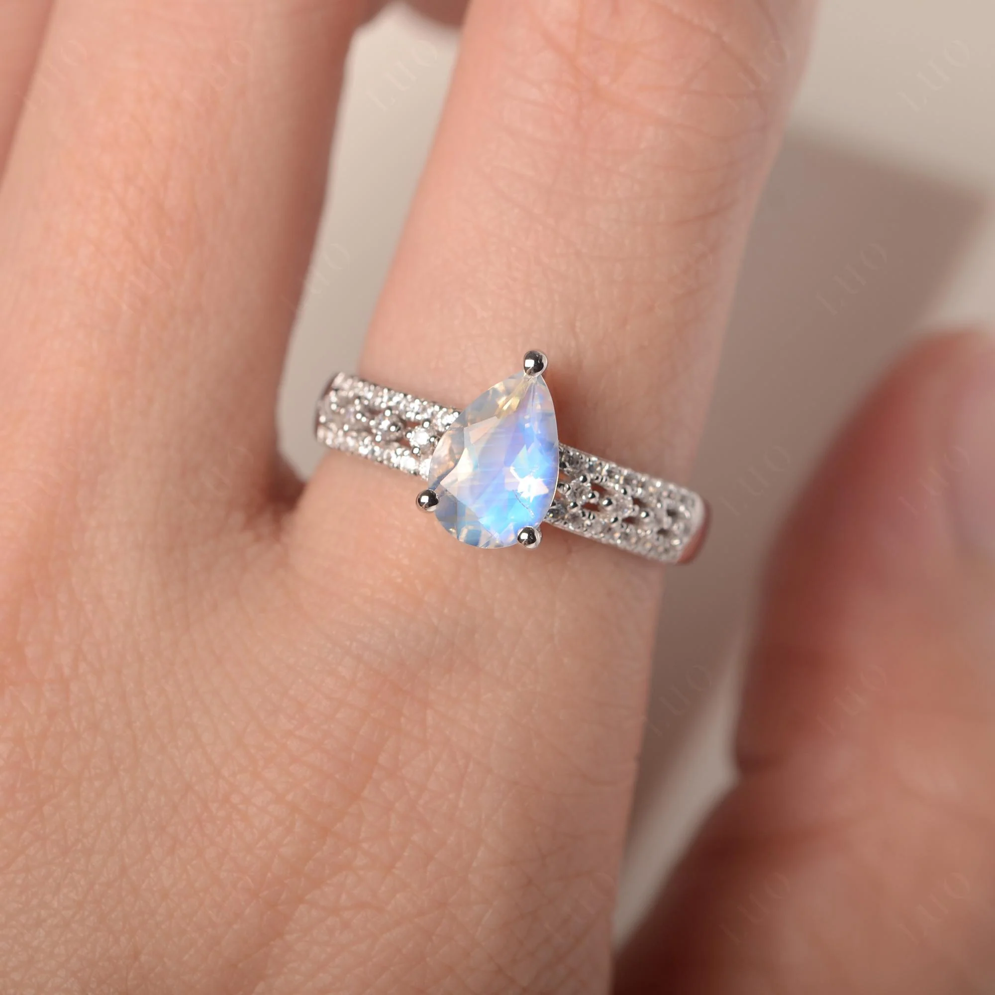 Moonstone 3 Rows Pave Engagement Ring - Image 5