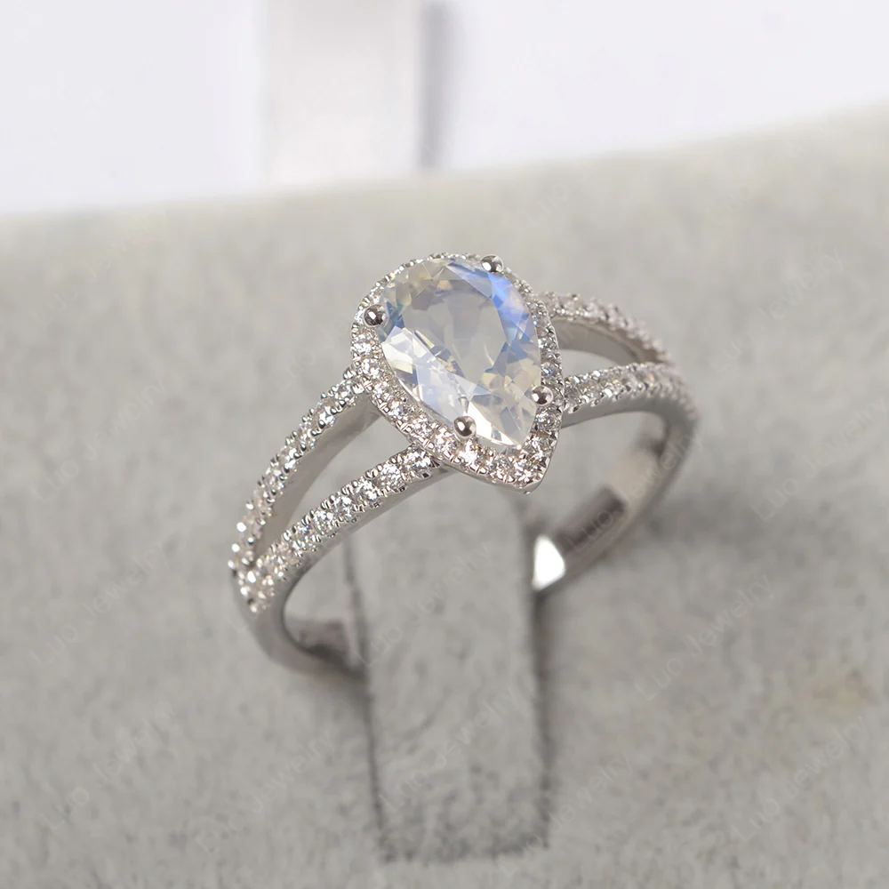 Pear Shaped Moonstone Halo Split Shank Ring - Image 3