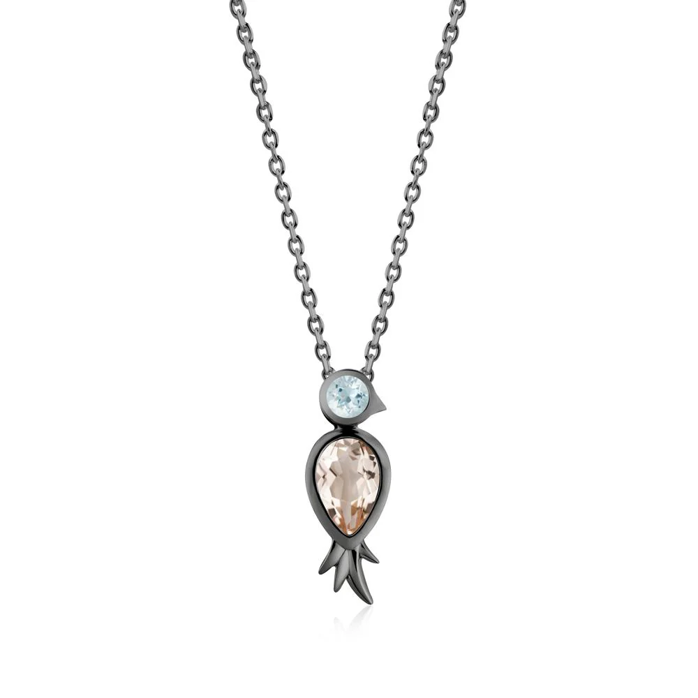 Pear Shaped Morganite and Aquamarine Bird Pendant Neckalce