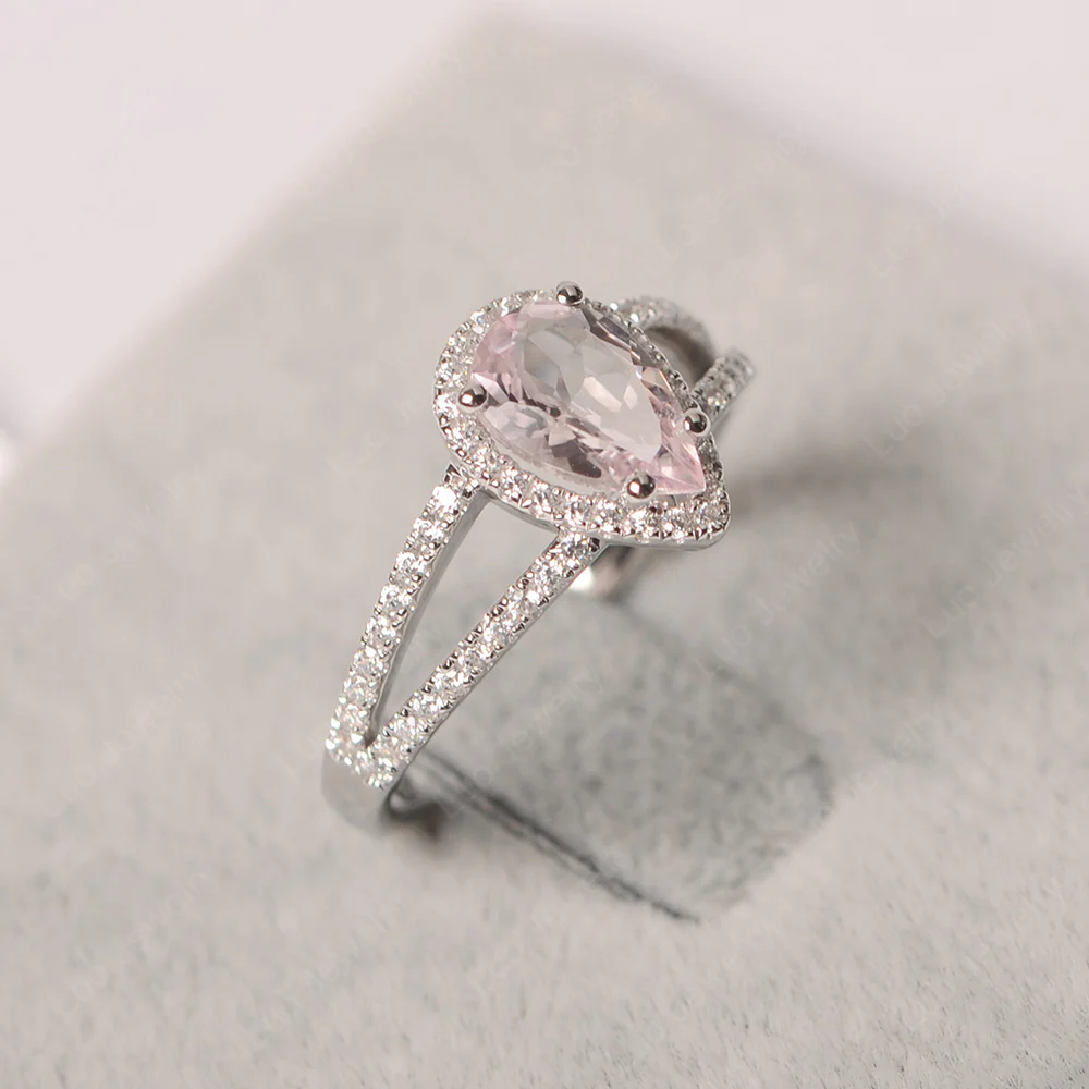 Pear Shaped Morganite Halo Split Shank Ring - Image 2