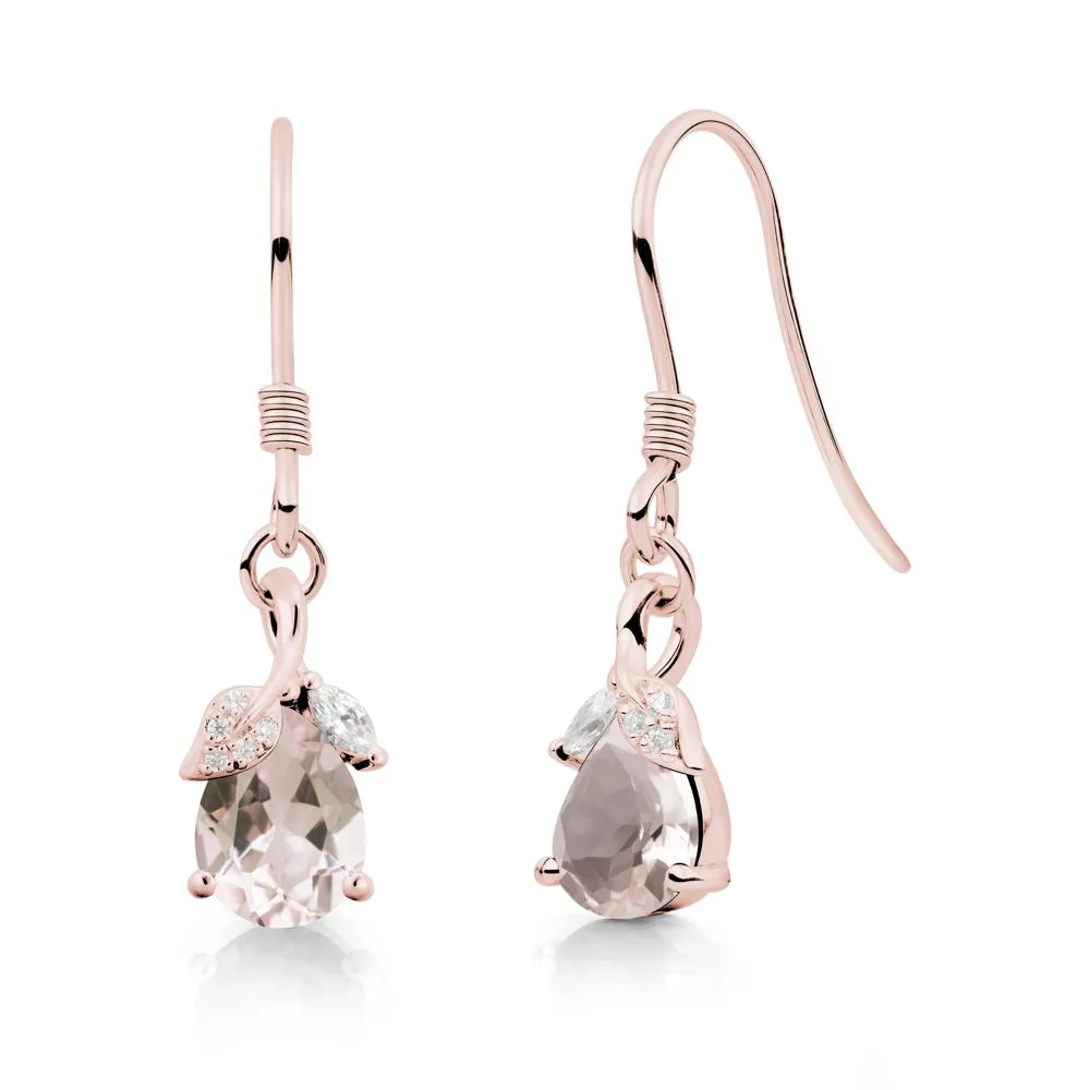 Pear Shaped Morganite Leaf Dangle Earrings - Image 2