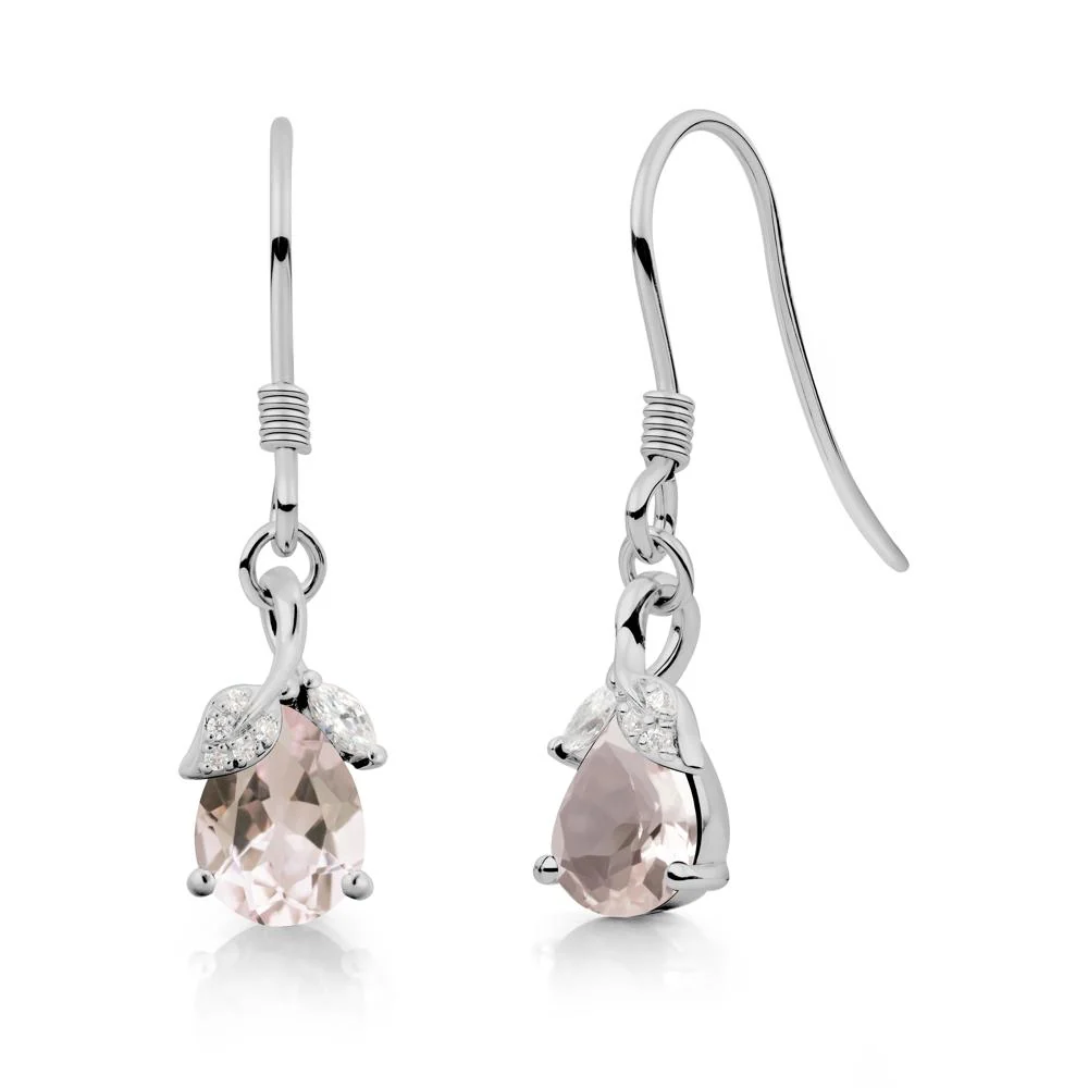 Pear Shaped Morganite Leaf Dangle Earrings - Image 4