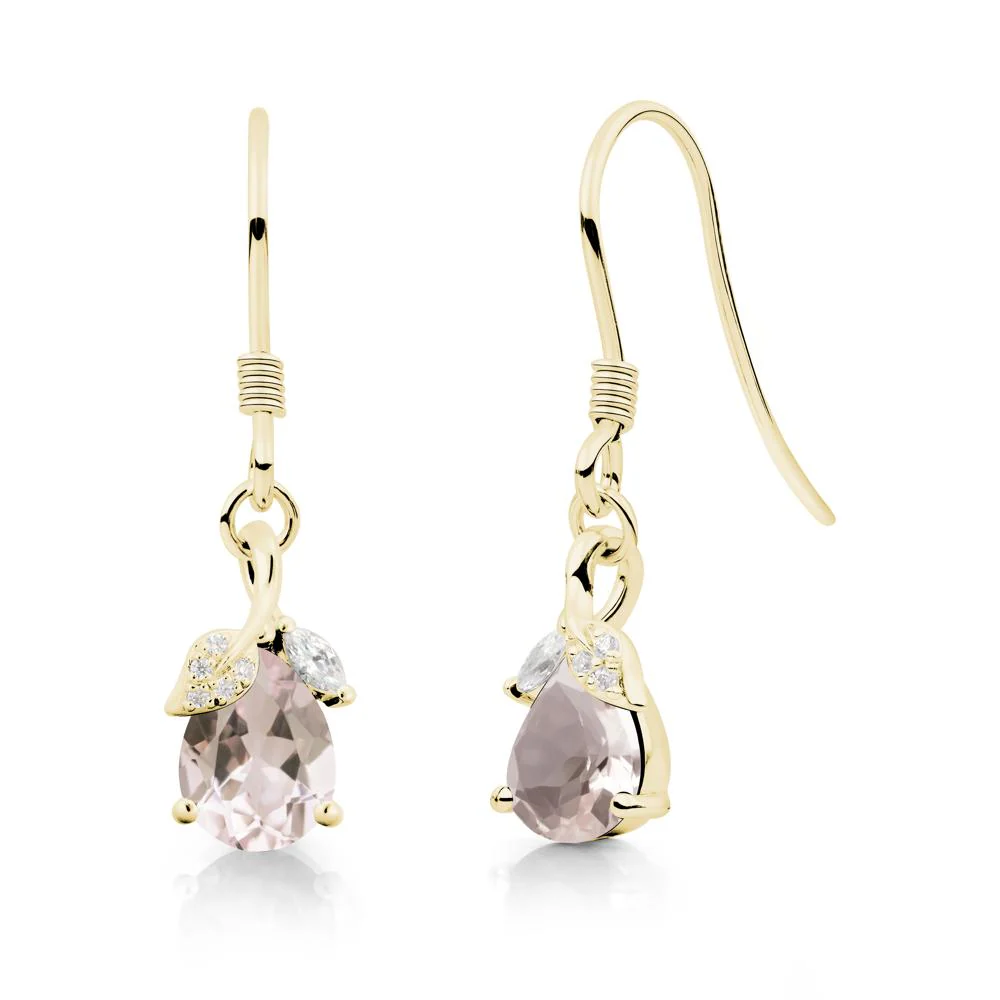 Pear Shaped Morganite Leaf Dangle Earrings - Image 5
