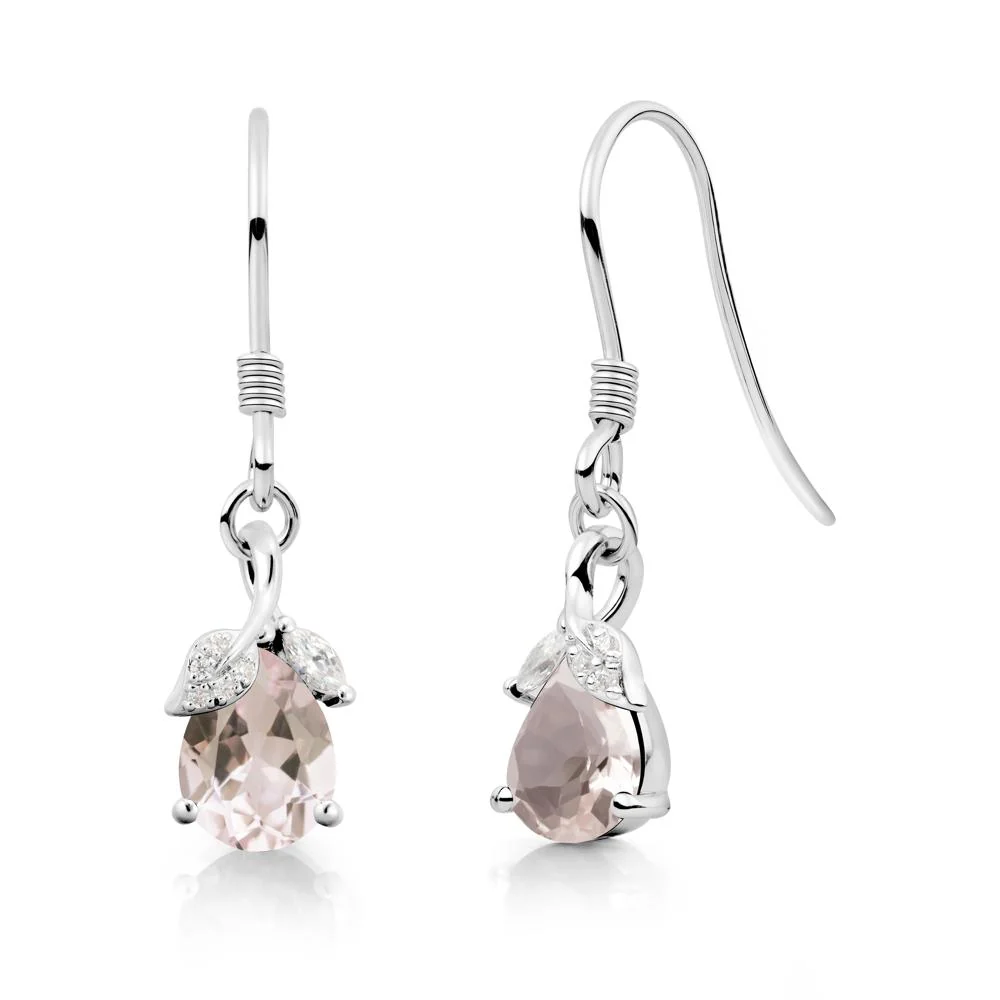 Pear Shaped Morganite Leaf Dangle Earrings - Image 6