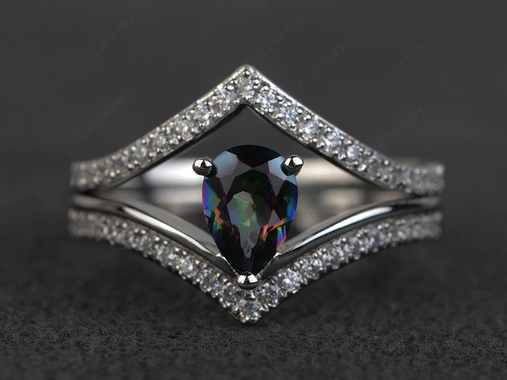 V Shaped Mystic Topaz Bridal Set Ring