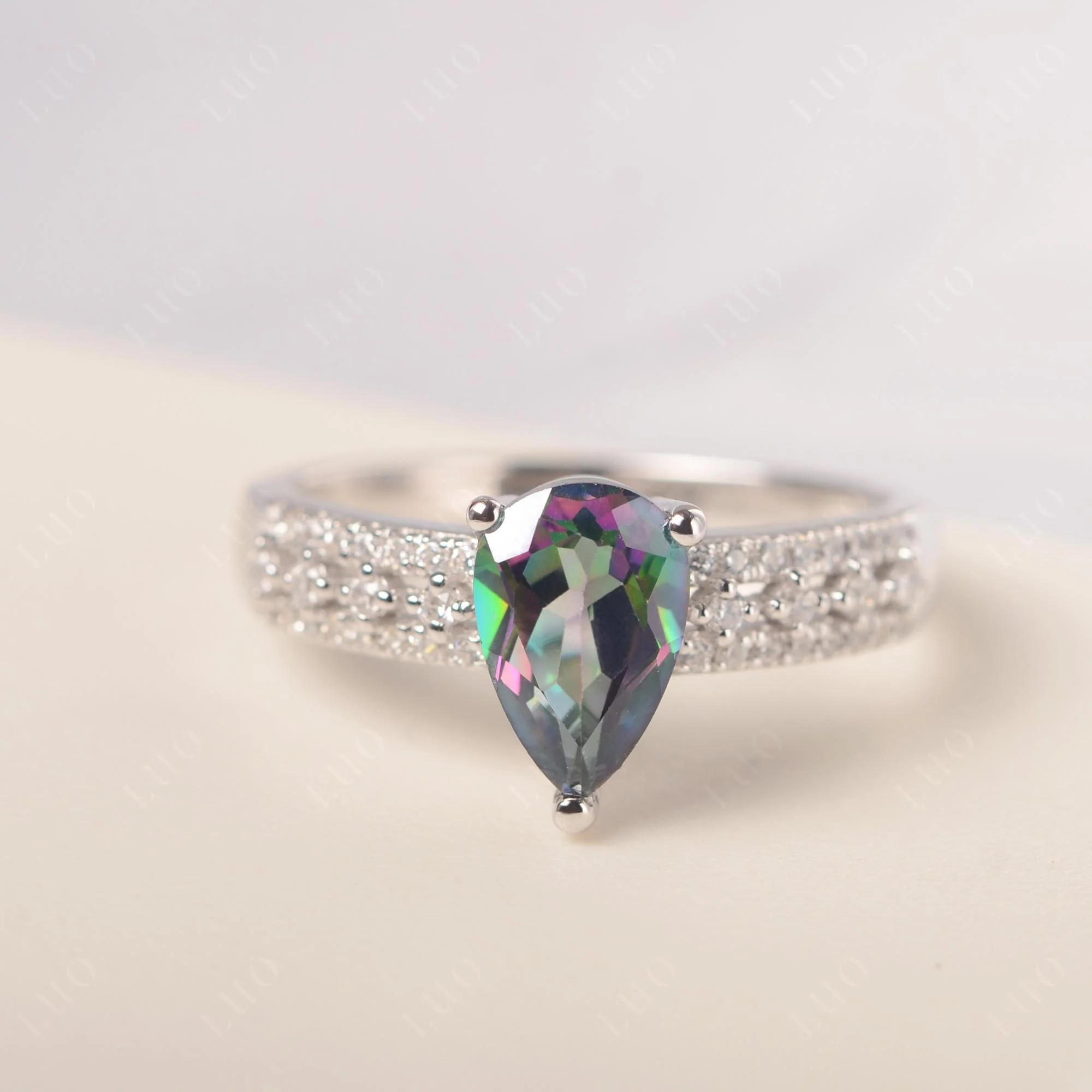 Mystic Topaz 3 Rows Pave Engagement Ring