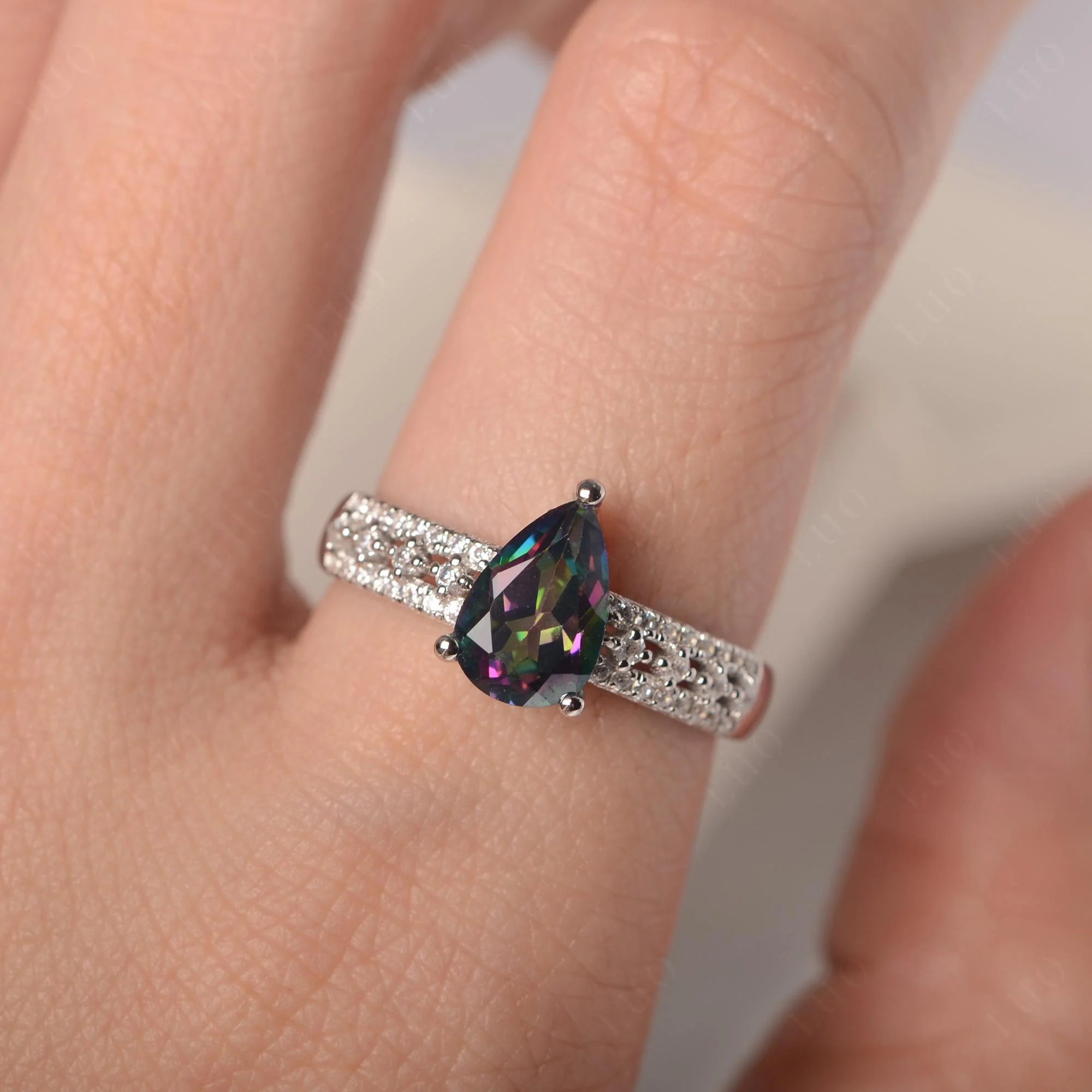 Mystic Topaz 3 Rows Pave Engagement Ring - Image 5