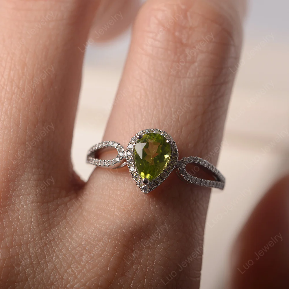 Pear Shaped Peridot Halo Engagement Ring - Image 5