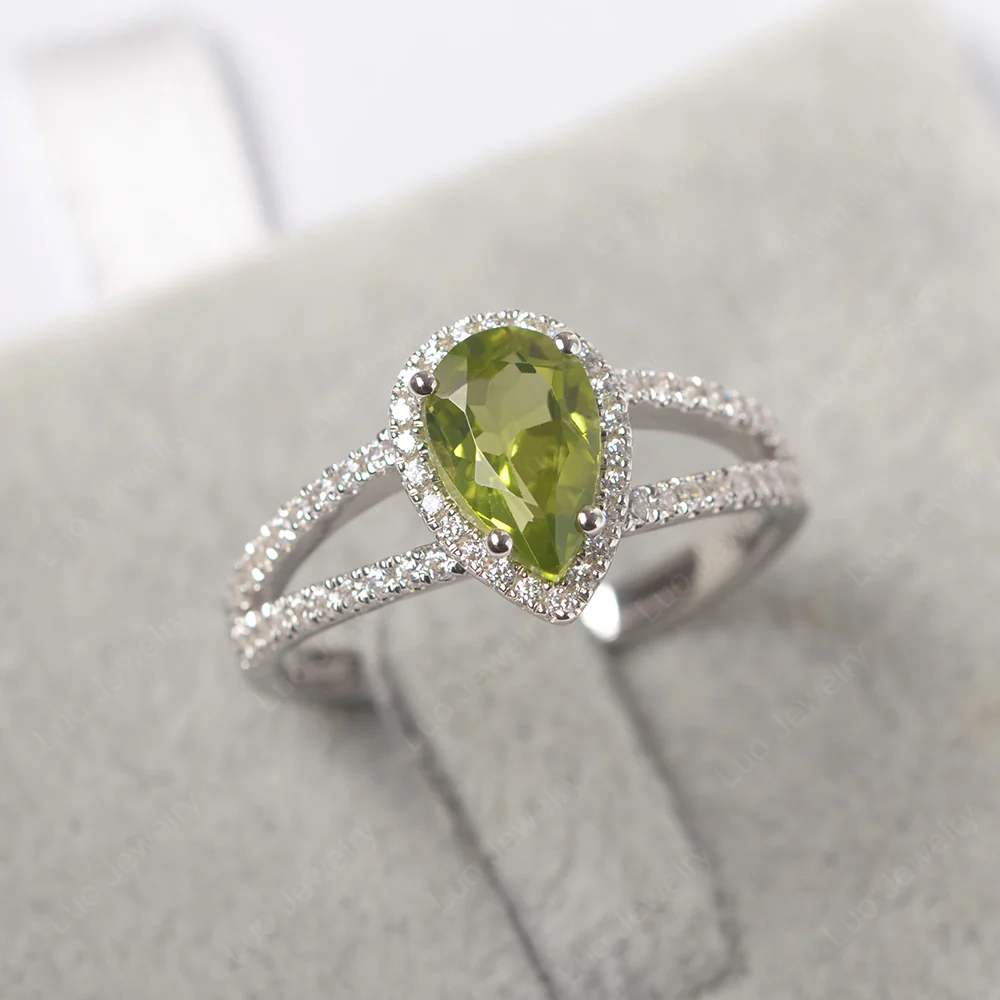 Pear Shaped Peridot Halo Split Shank Ring - Image 3