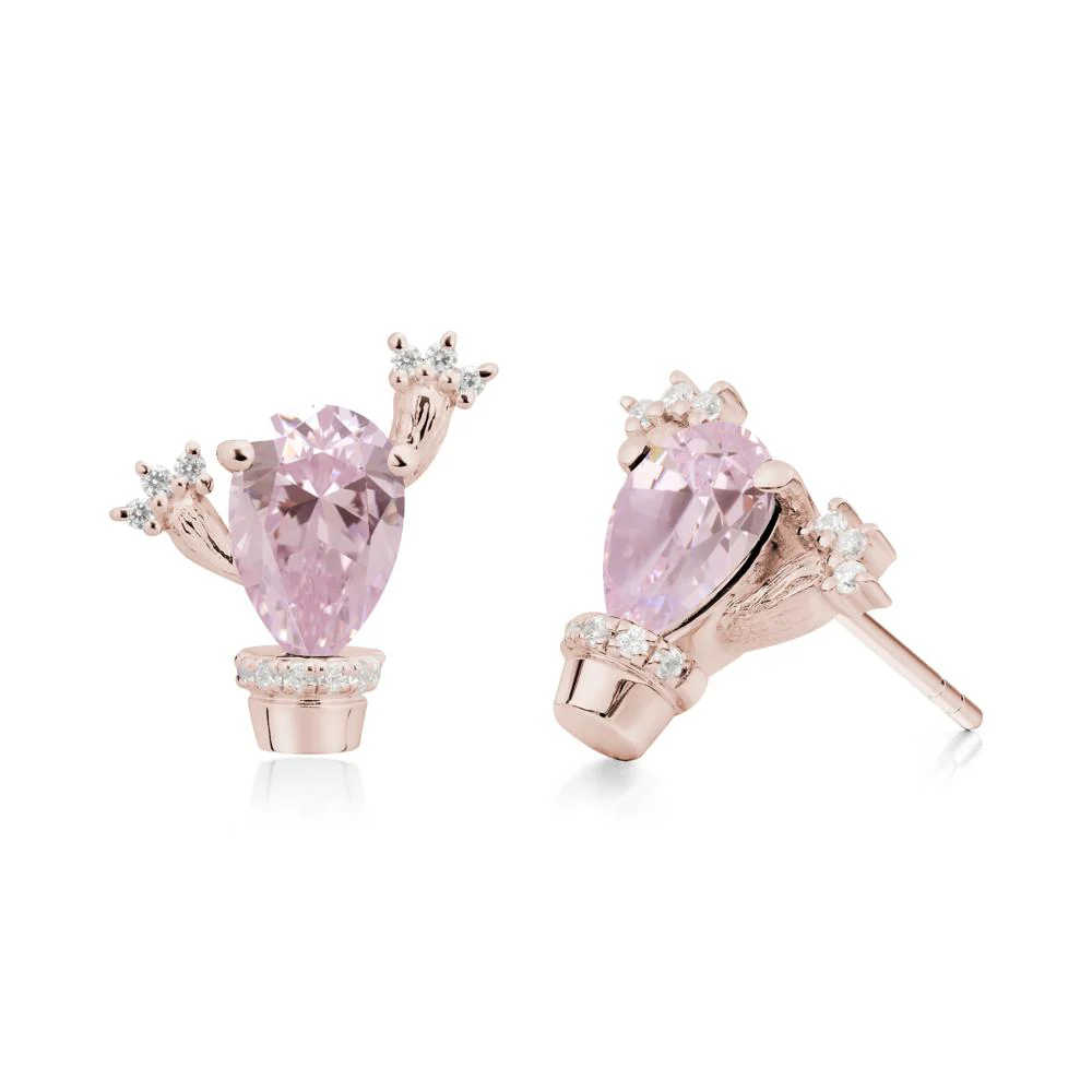 Pear Shaped Pink Cubic Zirconia Cactus Stud Earrings