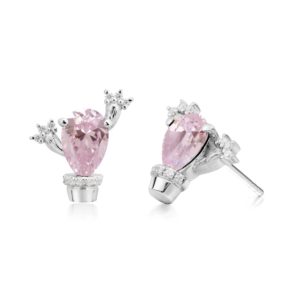 Pear Shaped Pink Cubic Zirconia Cactus Stud Earrings - Image 3