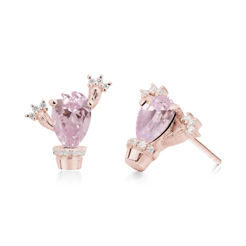 Pear Shaped Pink Cubic Zirconia Cactus Stud Earrings - Image 8