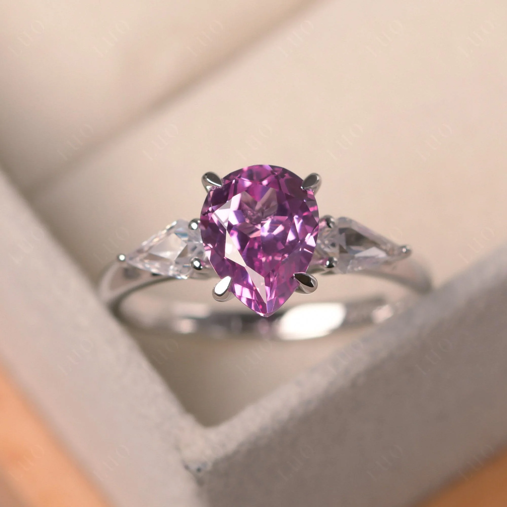 Pink Sapphire Pear Three Stone Ring