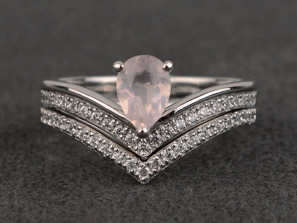 V Shaped Rose Quartz Bridal Set Ring