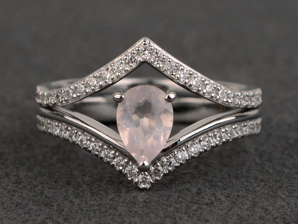 V Shaped Rose Quartz Bridal Set Ring - Image 2