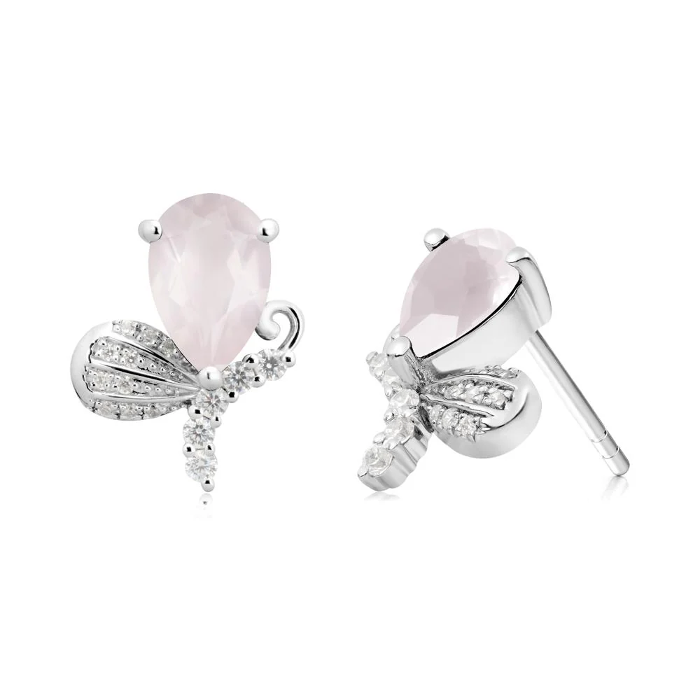 Pear Shaped Rose Quartz Butterfly Stud Earrings - Image 4