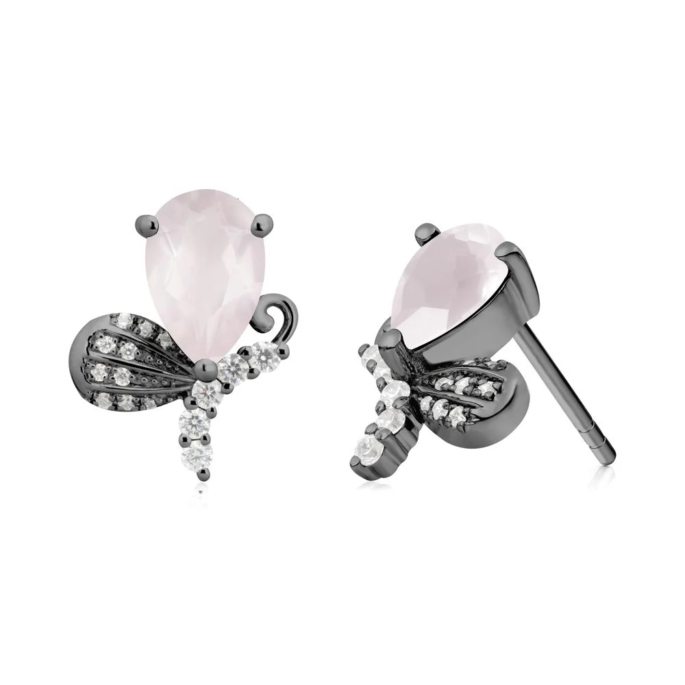 Pear Shaped Rose Quartz Butterfly Stud Earrings - Image 5