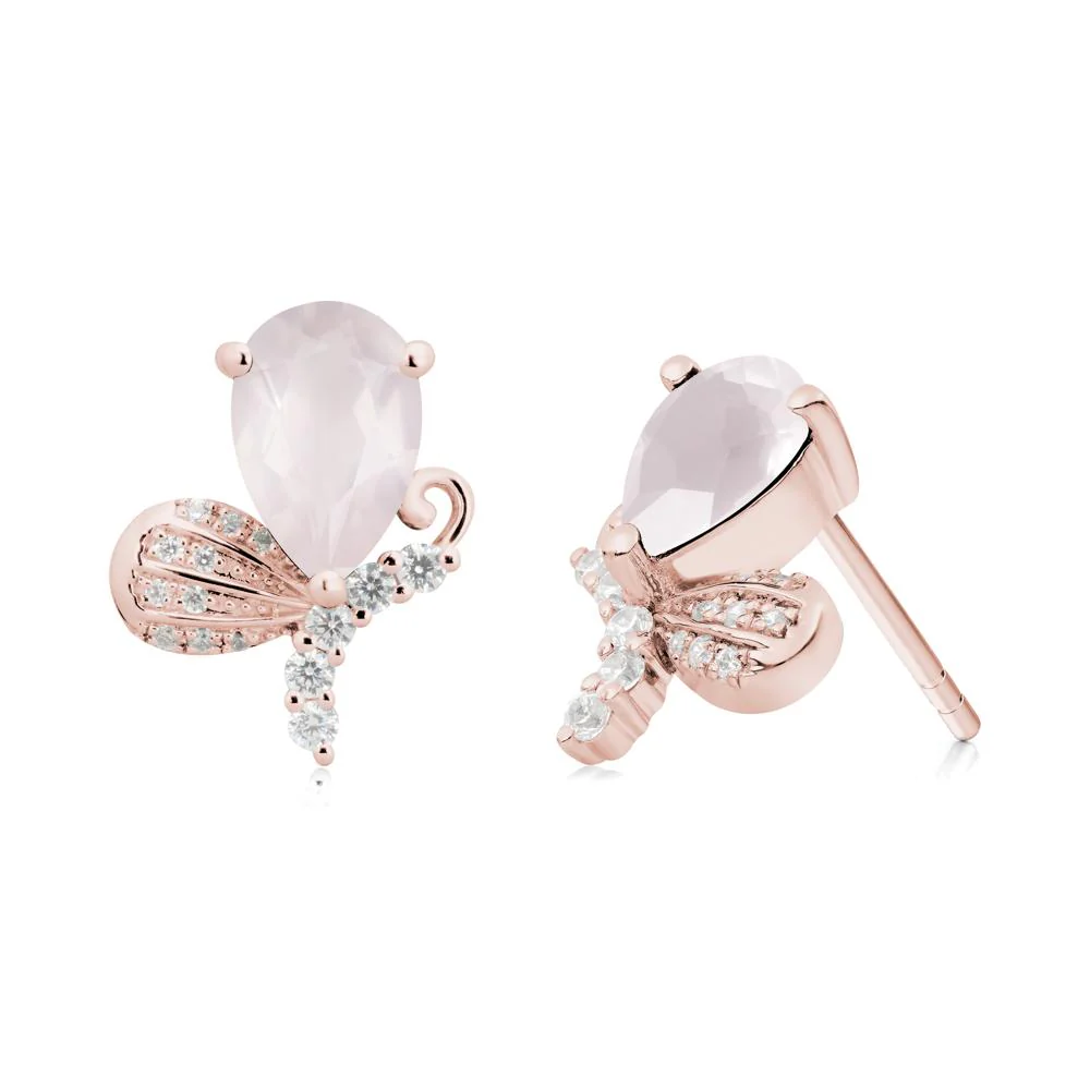 Pear Shaped Rose Quartz Butterfly Stud Earrings - Image 7