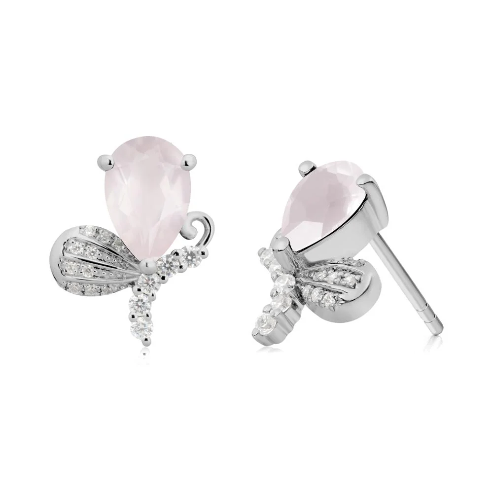 Pear Shaped Rose Quartz Butterfly Stud Earrings - Image 8