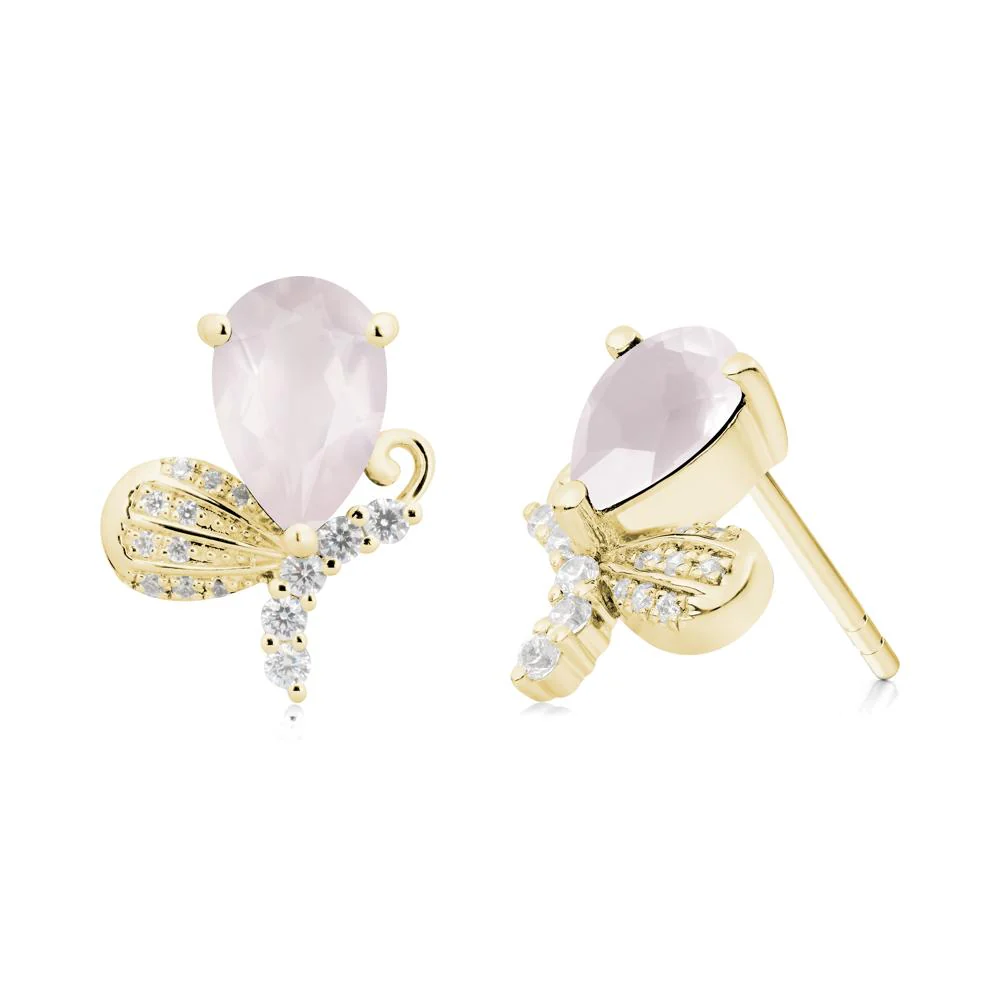 Pear Shaped Rose Quartz Butterfly Stud Earrings - Image 9
