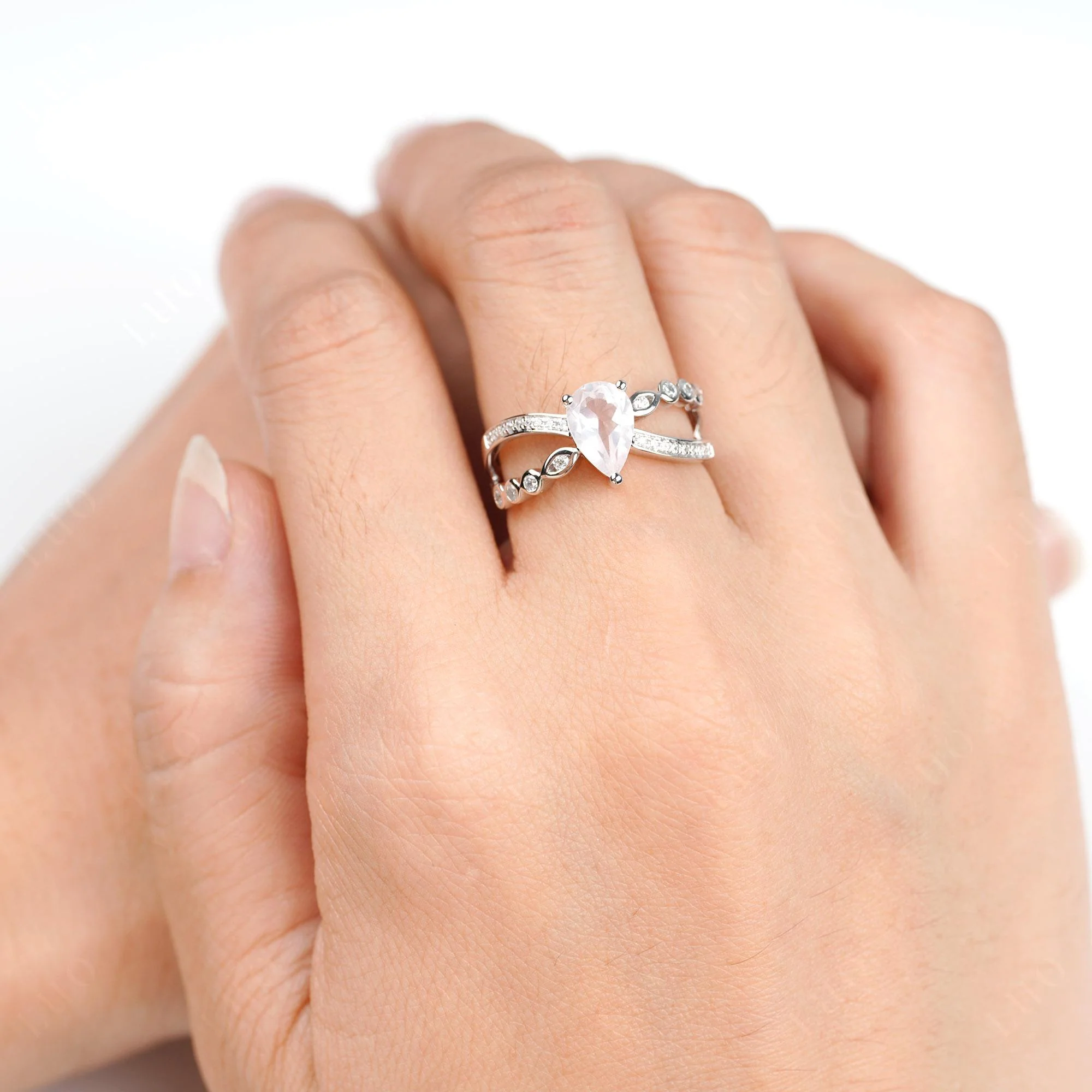 Pear Shaped Rose Quartz Crossover Ring - Image 5