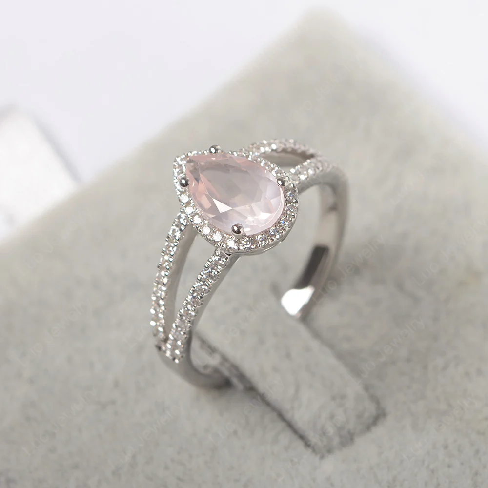 Pear Shaped Rose Quartz Halo Split Shank Ring - Image 2