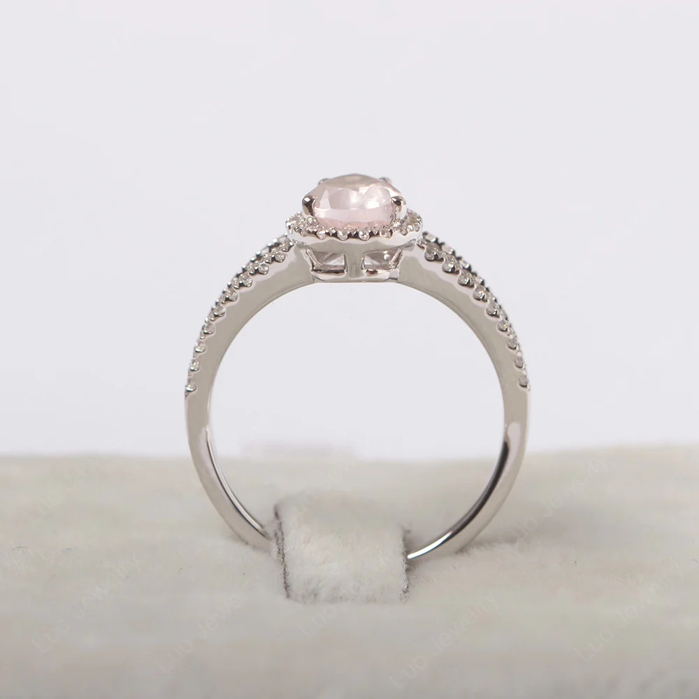 Pear Shaped Rose Quartz Halo Split Shank Ring - Image 3