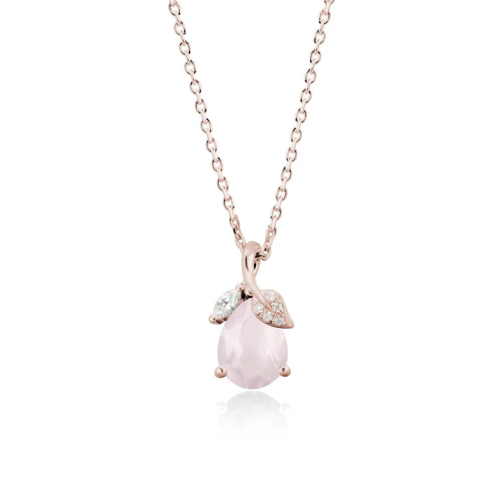 Pear Shaped Rose Quartz Leaf Pendant Necklace - Image 2