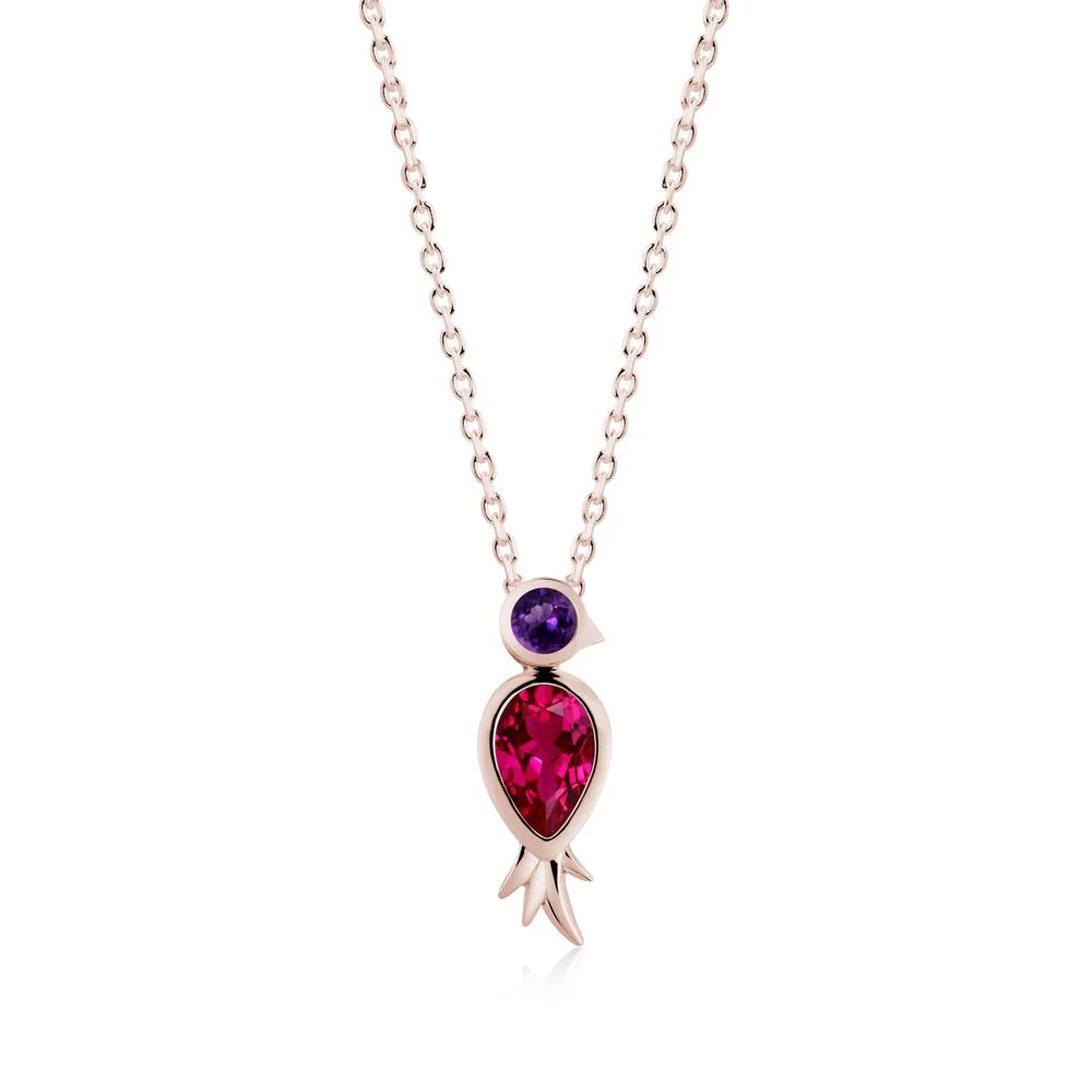 Pear Shaped Ruby and Amethyst Bird Pendant Neckalce
