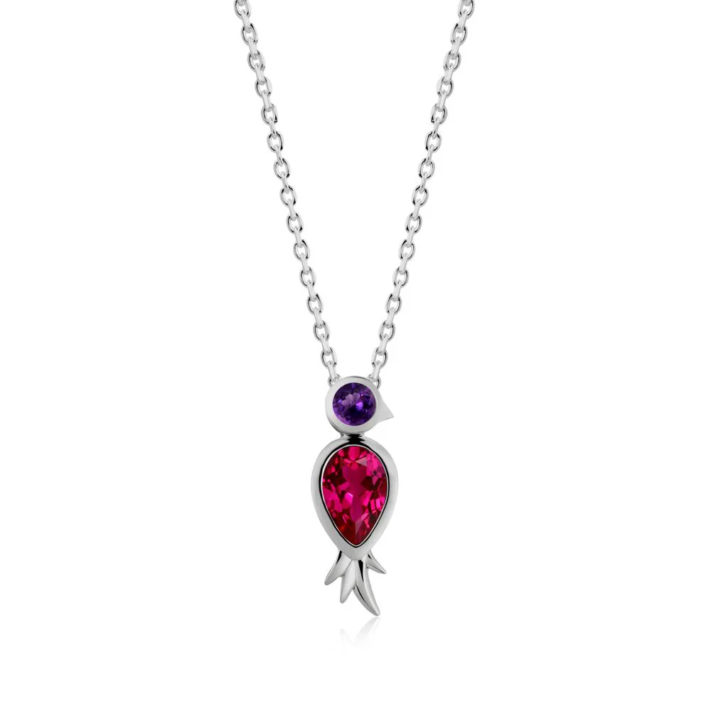 Pear Shaped Ruby and Amethyst Bird Pendant Neckalce - Image 3