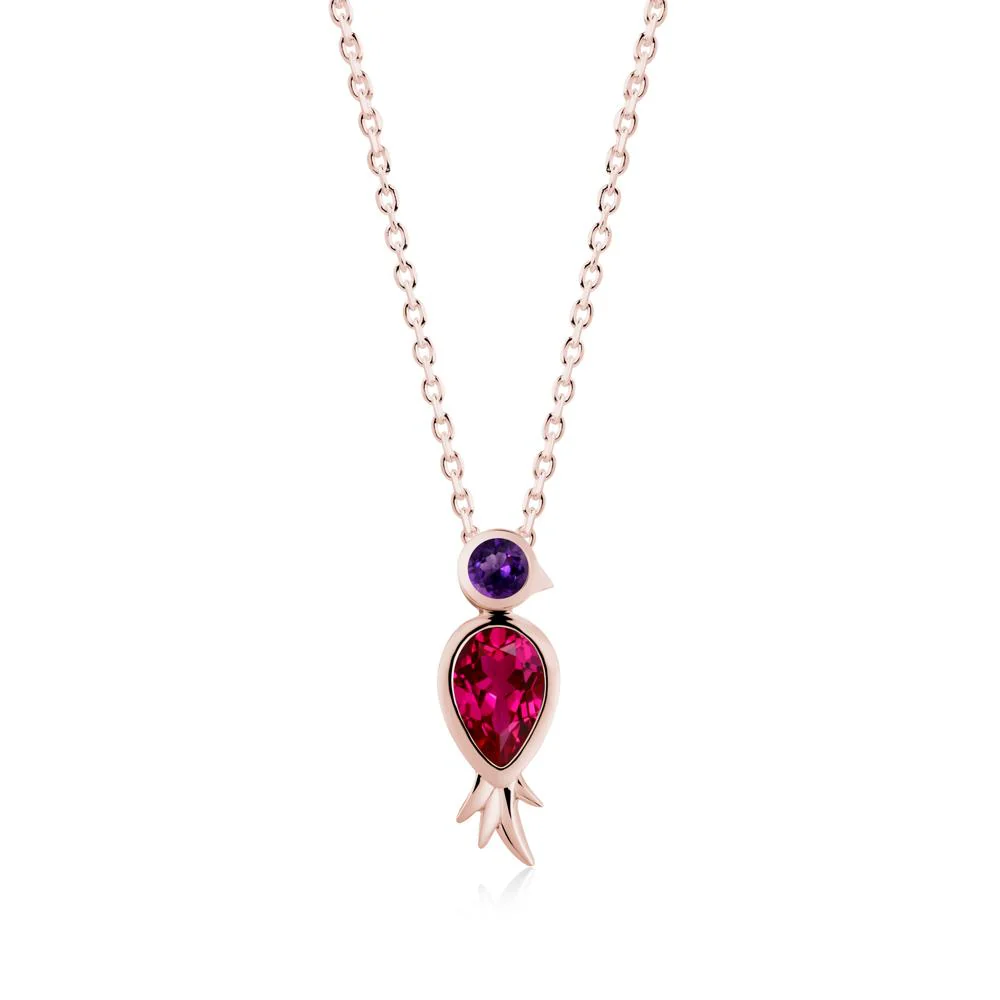 Pear Shaped Ruby and Amethyst Bird Pendant Neckalce - Image 4