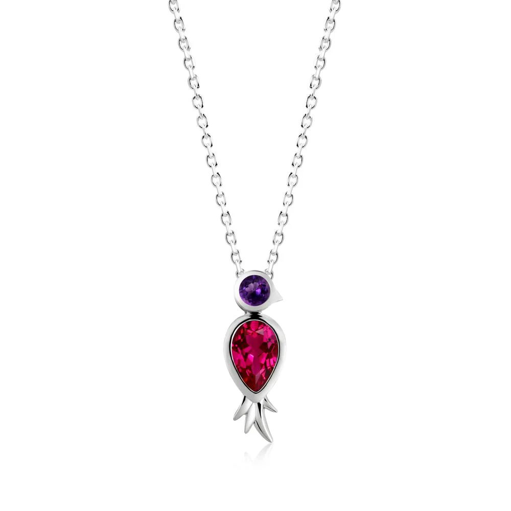 Pear Shaped Ruby and Amethyst Bird Pendant Neckalce - Image 8