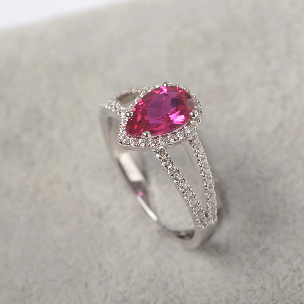 Pear Shaped Ruby Halo Split Shank Ring - Image 2