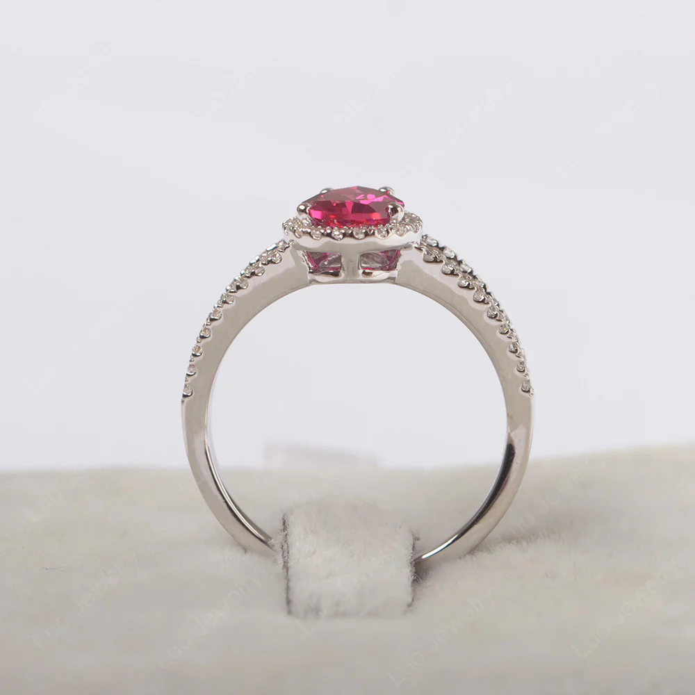Pear Shaped Ruby Halo Split Shank Ring - Image 3