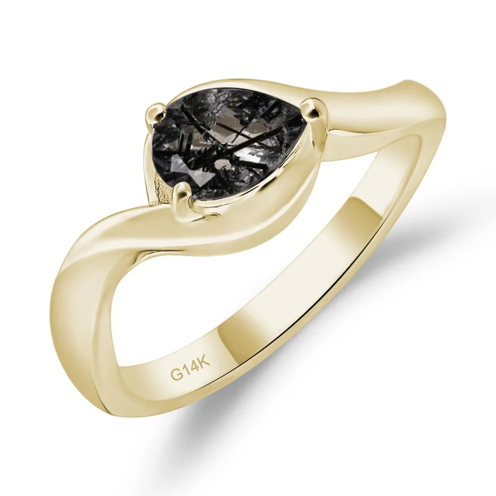 Black Rutilated Quartz Pear Solitaire Ring