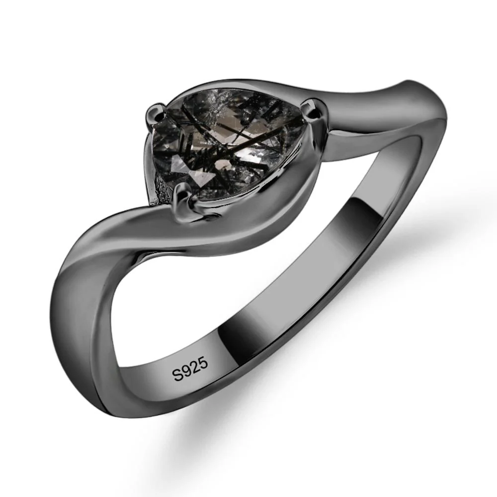 Black Rutilated Quartz Pear Solitaire Ring - Image 3