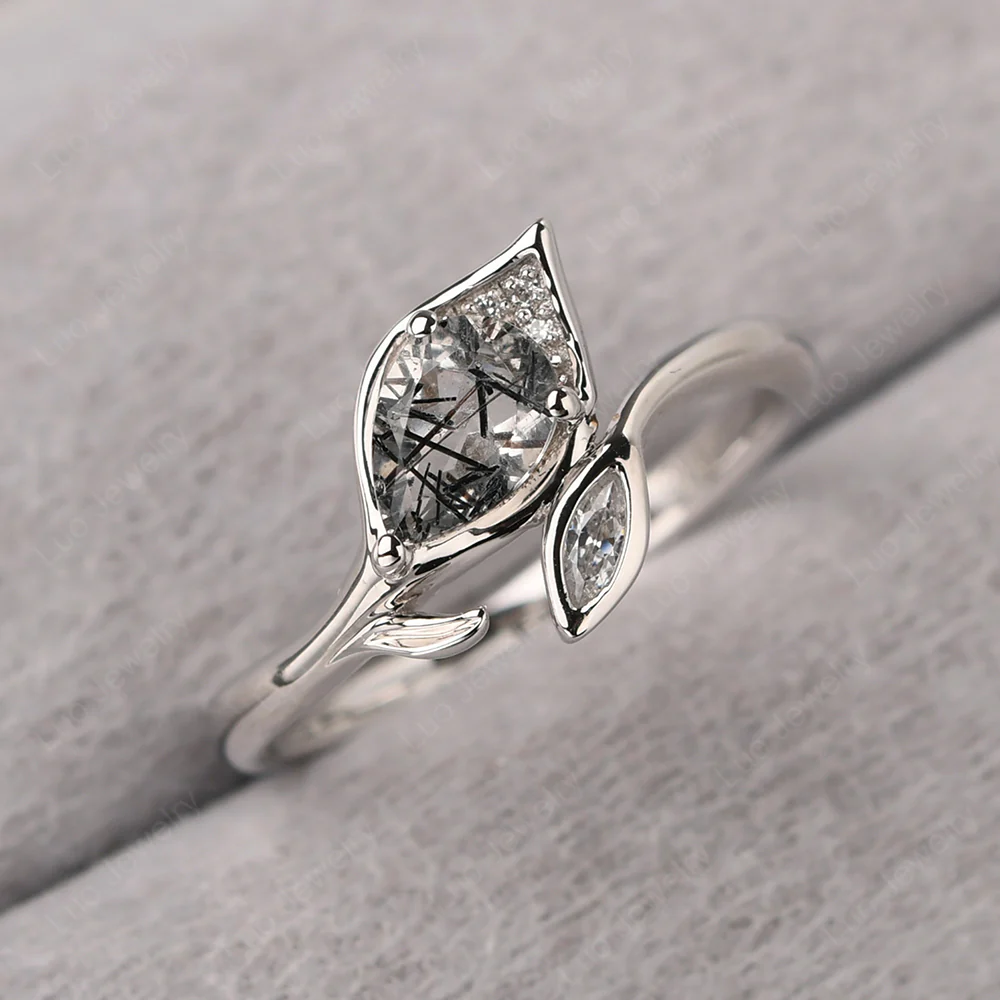 Black Rutilated Quartz Leaf Design Ring