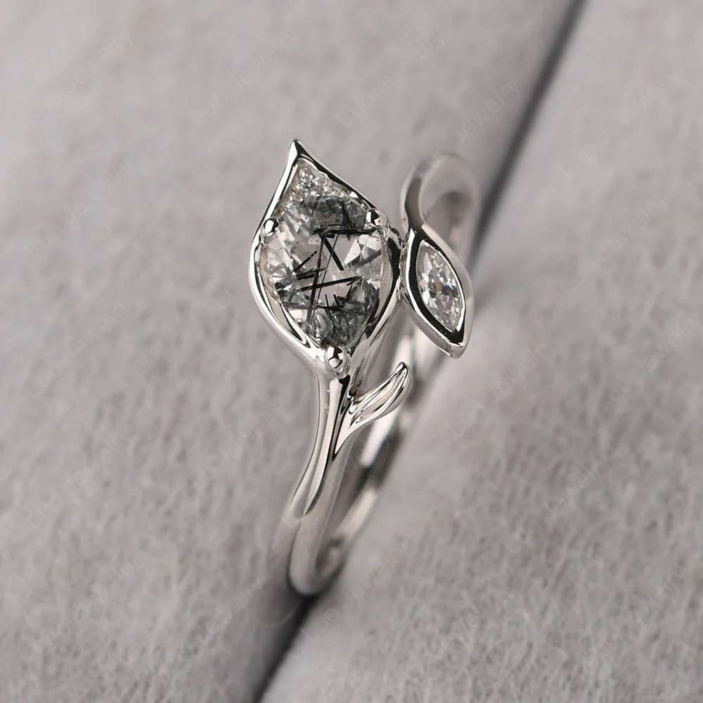 Black Rutilated Quartz Leaf Design Ring - Image 2