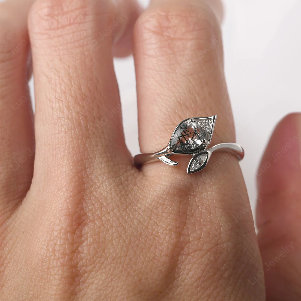 Black Rutilated Quartz Leaf Design Ring - Image 5